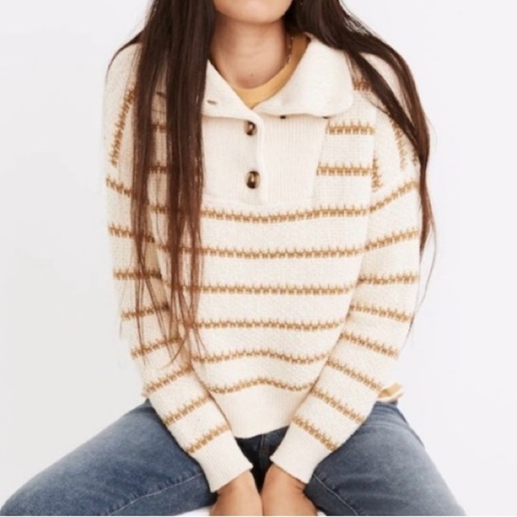Madewell Canby Button Mockneck Sweater Tan/Antique Stripes Cream Womens size XXS - Picture 3 of 10